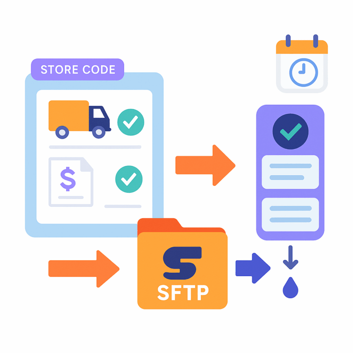 Diagram showing a store code export flowing through SFTP to a scheduled processing queue with status checks and a completion indicator