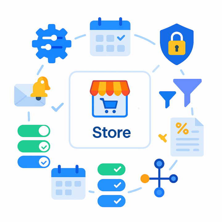 Online store at the center connected to scheduling, security, notifications, settings, filters, discounts, and integrations