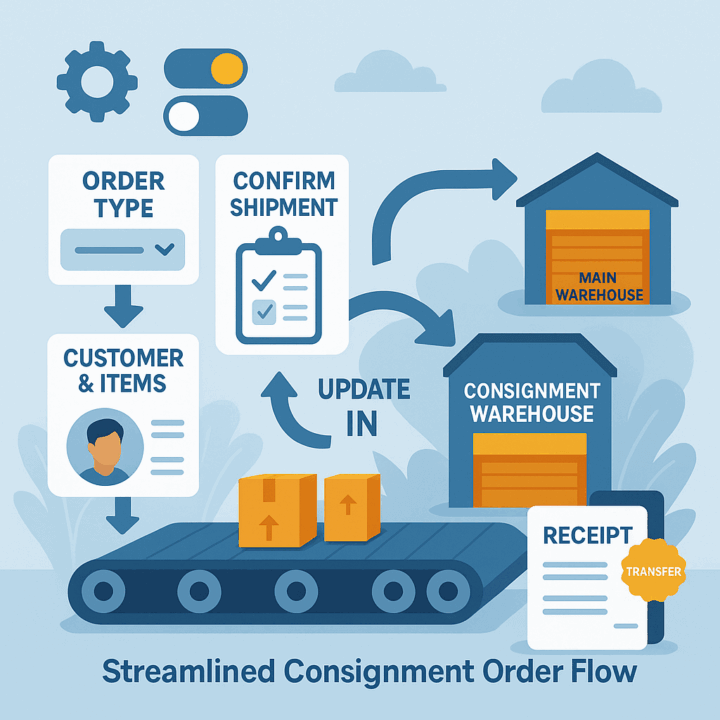 Flow diagram of a streamlined consignment order process showing order type, customer/items, shipment confirmation, warehouse routing, update-in step, and receipt transfer