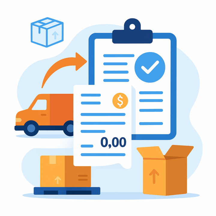 Illustration of shipment documents and verification with a truck, boxes, a receipt, and a checked clipboard