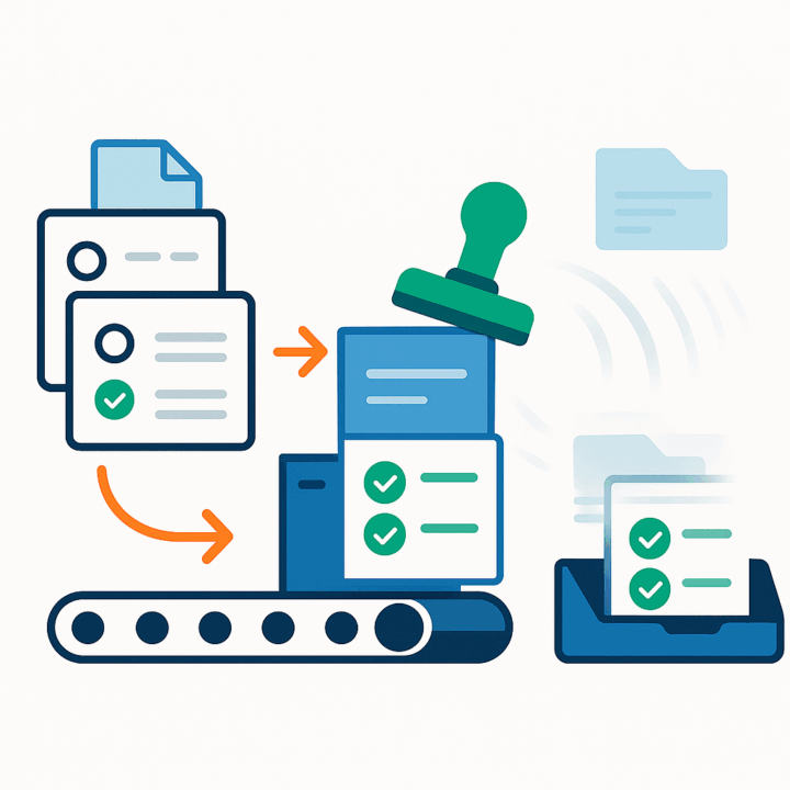 Illustration of documents being stamped as approved on a conveyor and routed into a digital inbox with verified status
