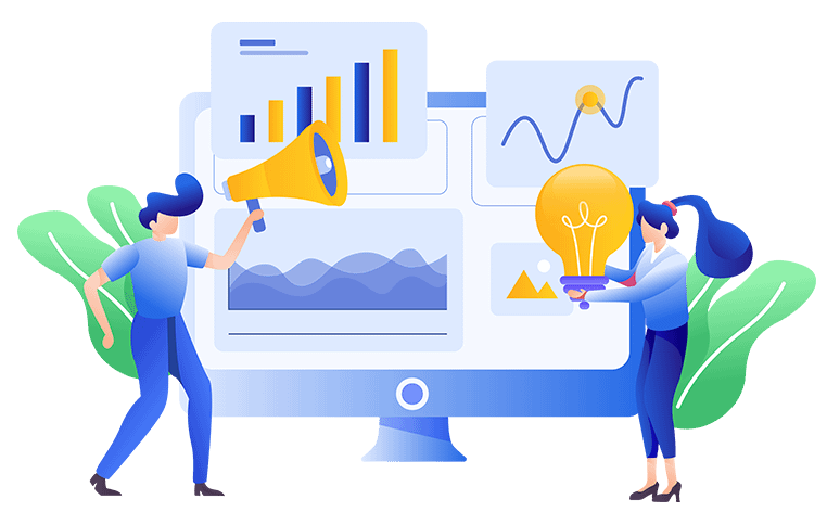 Illustration of analytics dashboard with charts, megaphone, and lightbulb