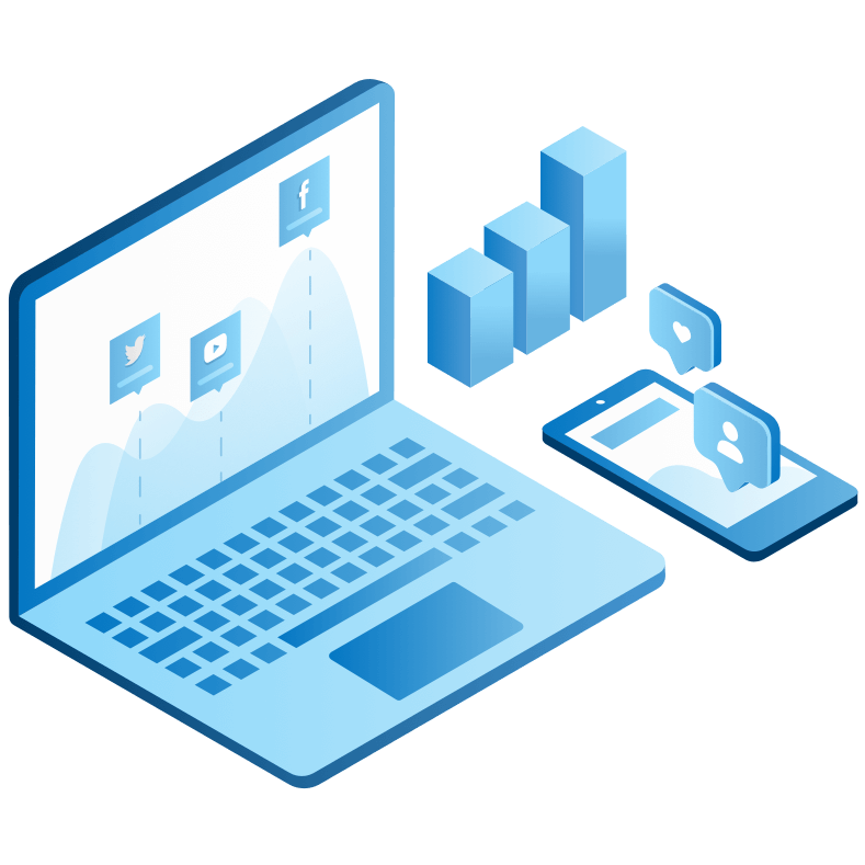 Social media analytics dashboard with laptop, charts, and mobile app
