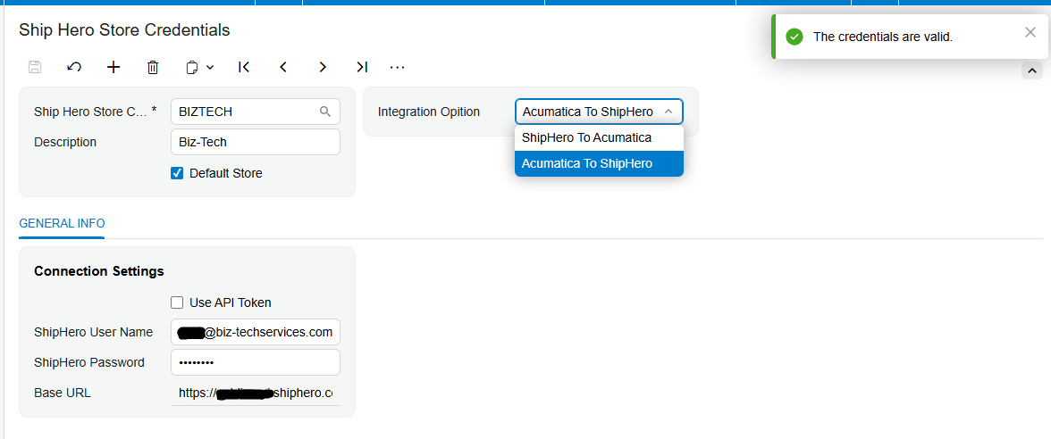 ShipHero store credential configuration
